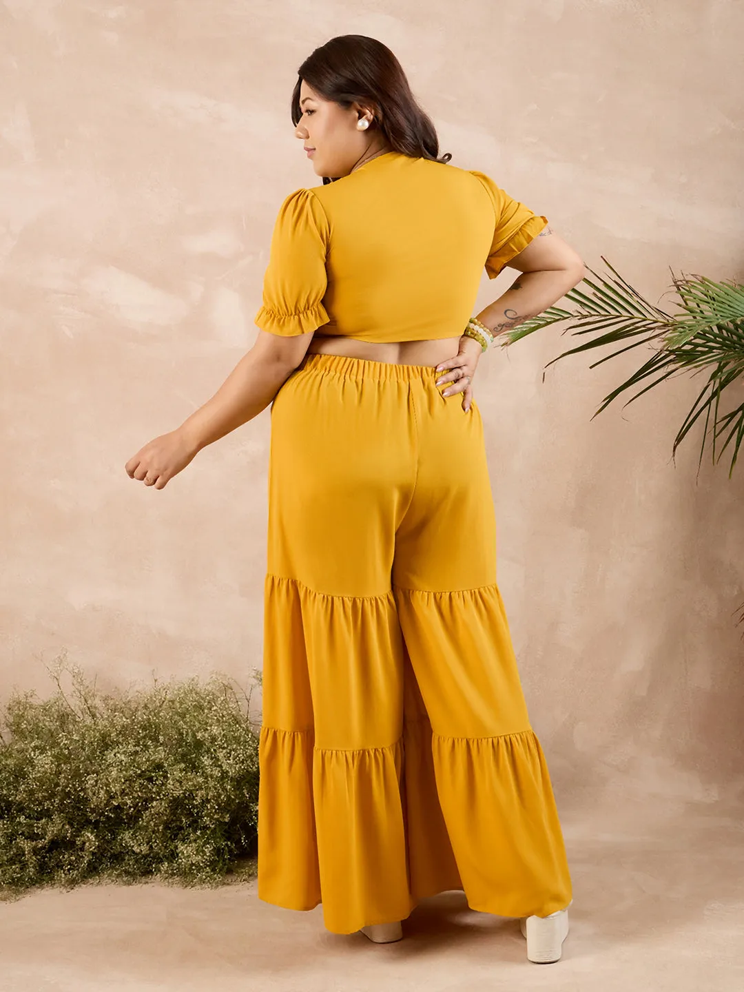 Berrylush Curve Women Solid Yellow V-Neck Puff Sleeves Front Tie-Up Cropped Top & Wide-Leg Maxi Trousers Co-Ord Set