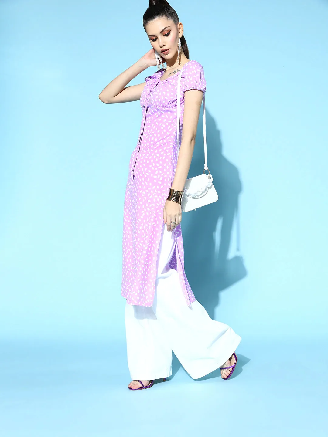 Berrylush Women Lavender & White Abstract Printed Tie-Up Neck Side Slited Calf Length Kurta