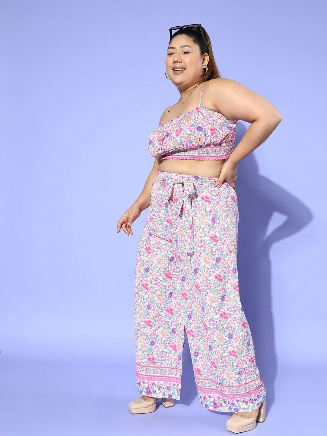 Berrylush Women Plus Size Pink & White Floral Printed Round Neck Waist Tie-Up Crop Top & Wide-Leg Trousers Set