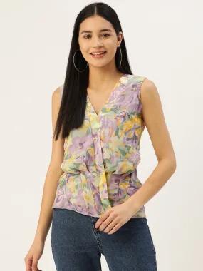 Berrylush Women Purple & Yellow Floral Printed V-Neck Sleeveless Crepe Pleated Regular Top