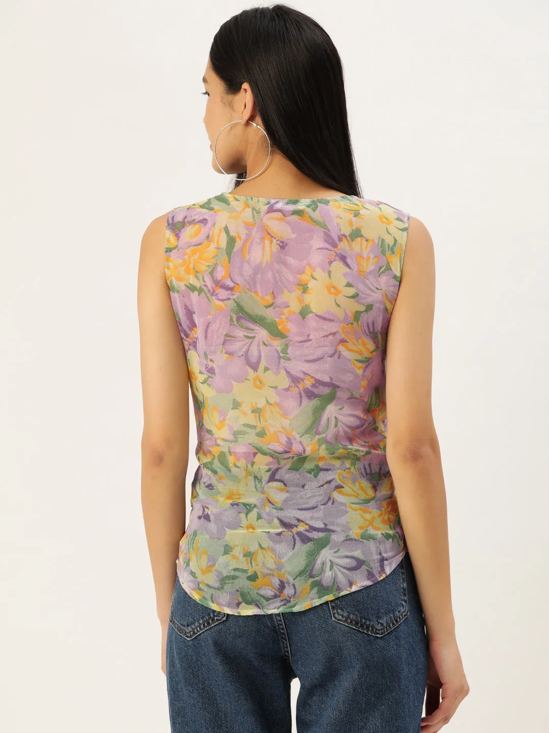 Berrylush Women Purple & Yellow Floral Printed V-Neck Sleeveless Crepe Pleated Regular Top