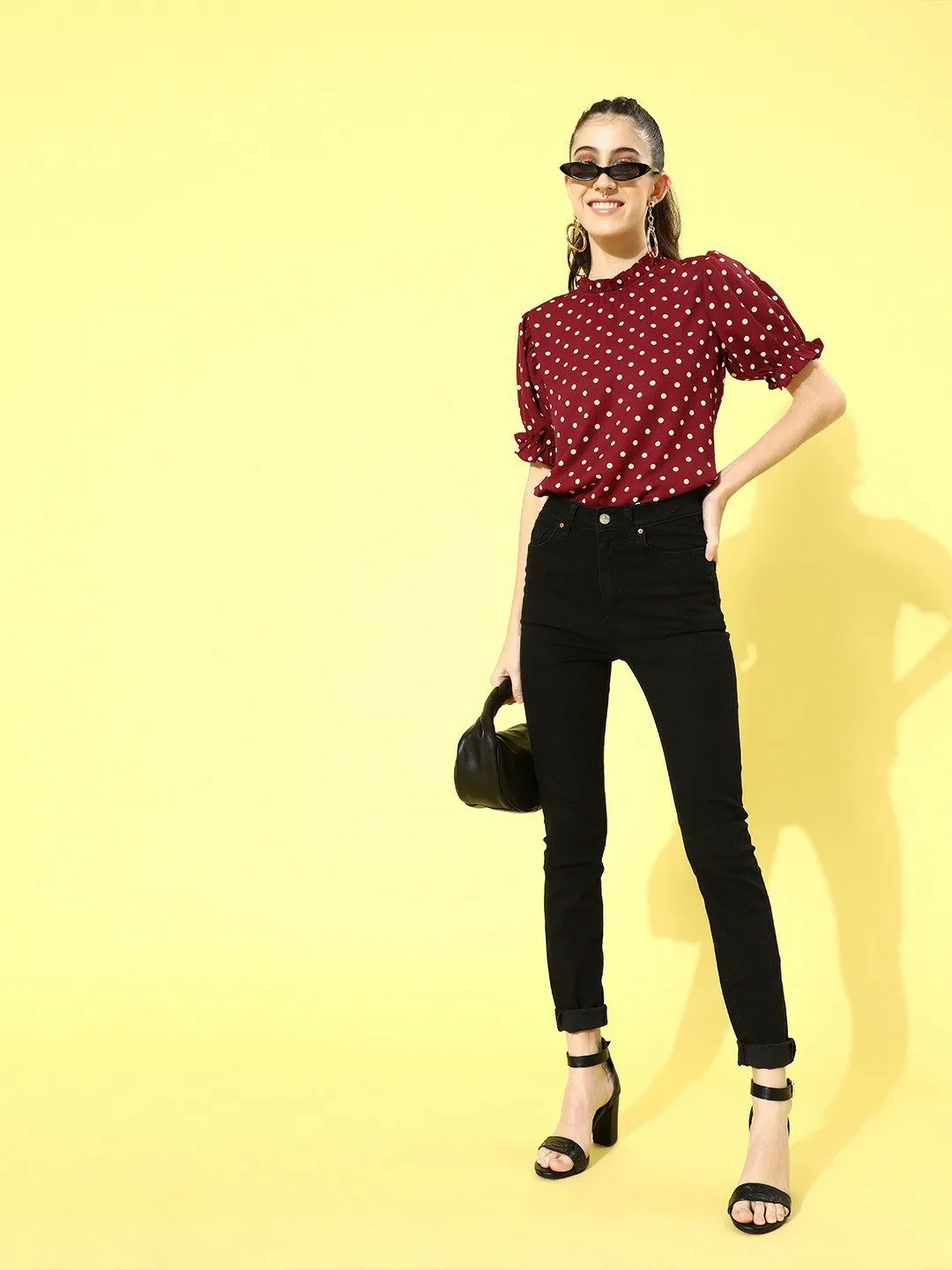 Berrylush Women Red Polka Dot Printed Crepe Regular Top