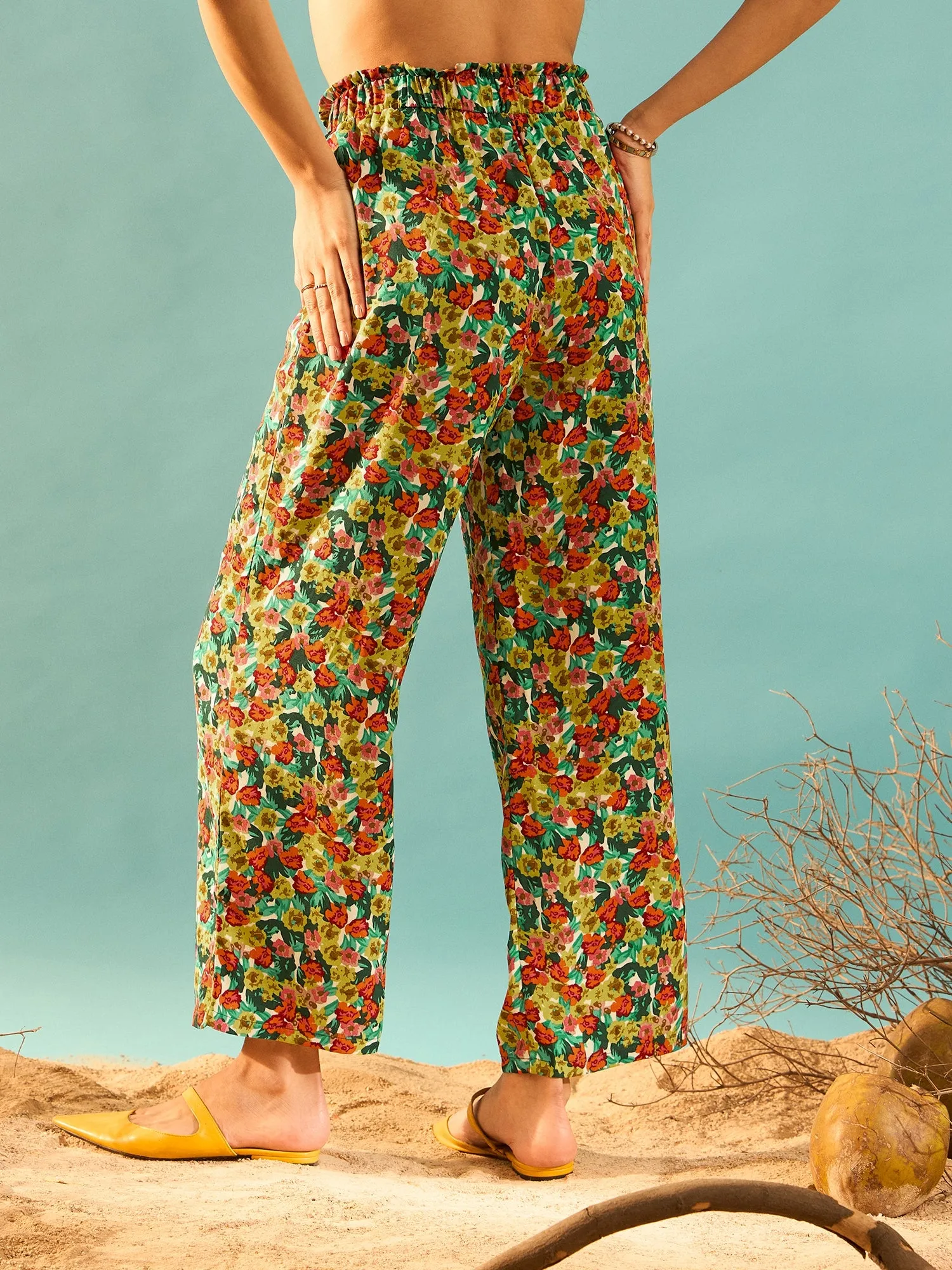 Berrylush Women Red, Yellow, & Green Floral Printed High-Rise Elastic Waist Slip-On Regular Parallel Trousers