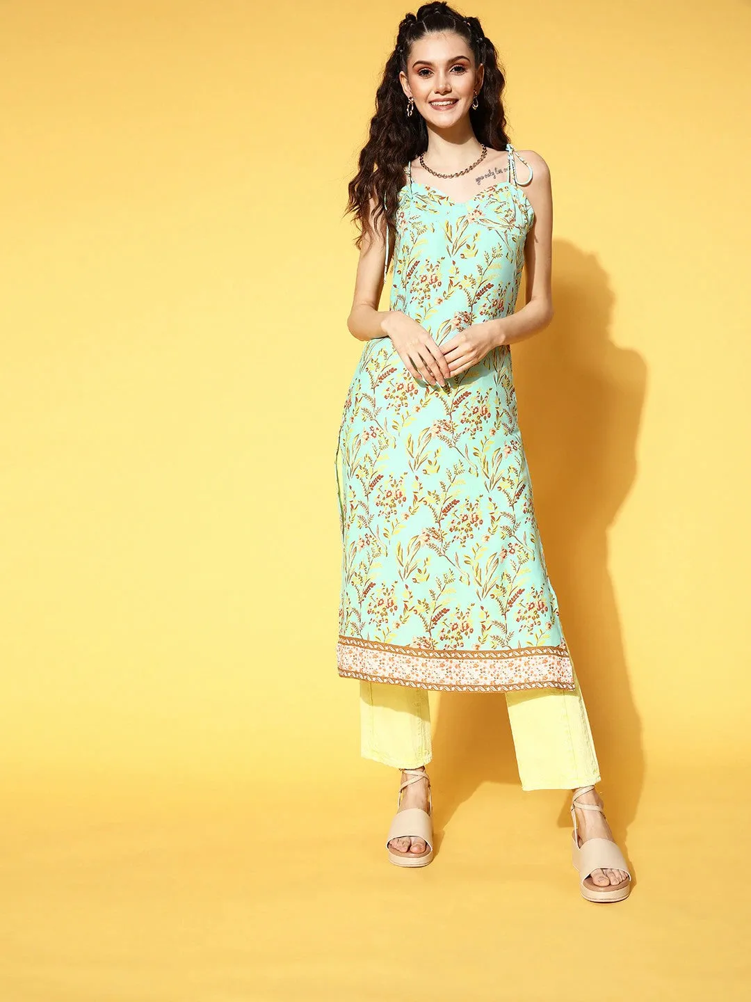 Berrylush Women Sea Green Floral Printed Sweetheart Neck Tie-Up Strap Straight Midi Kurta