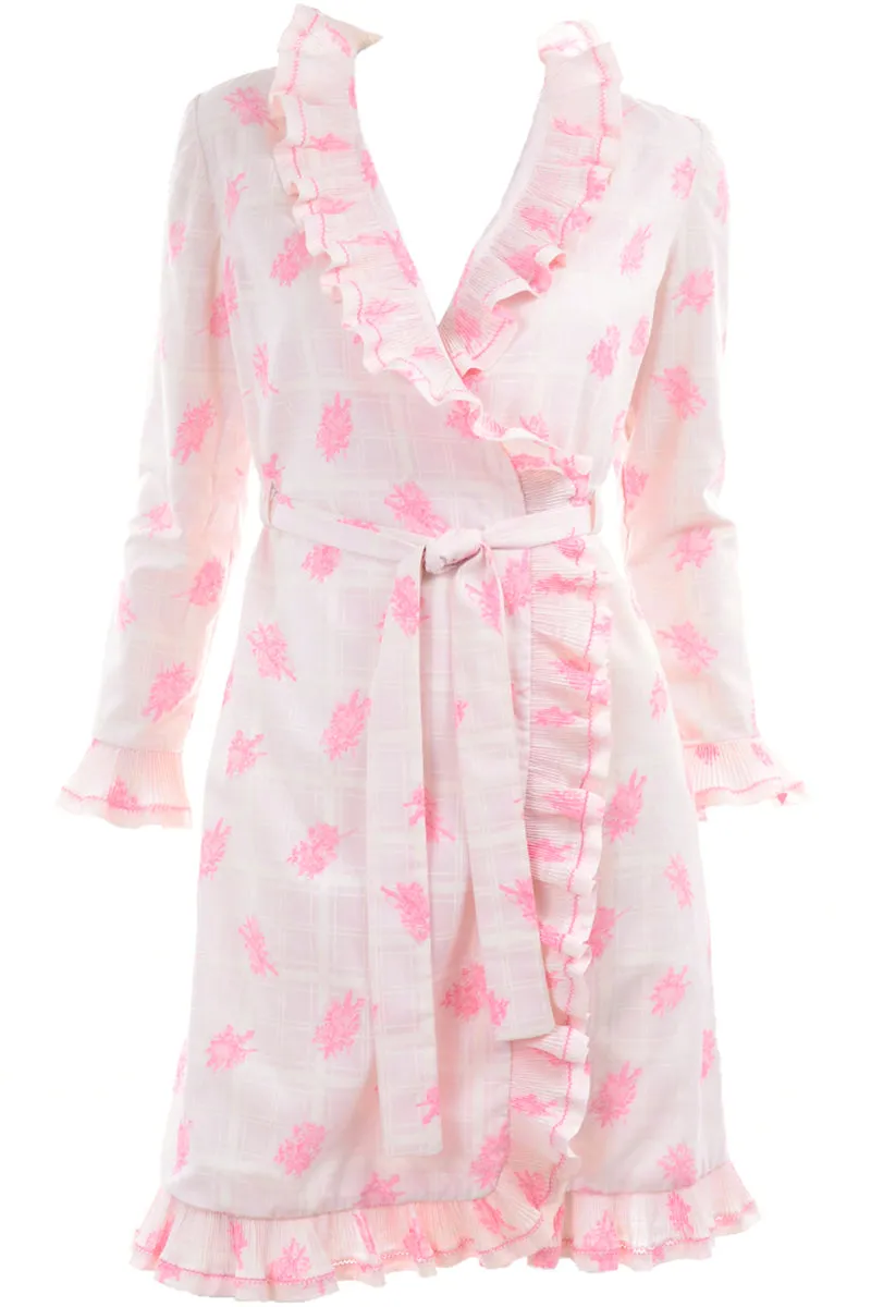 Bill Tice Pink & White Toile Ruffled Vintage Wrap Dress