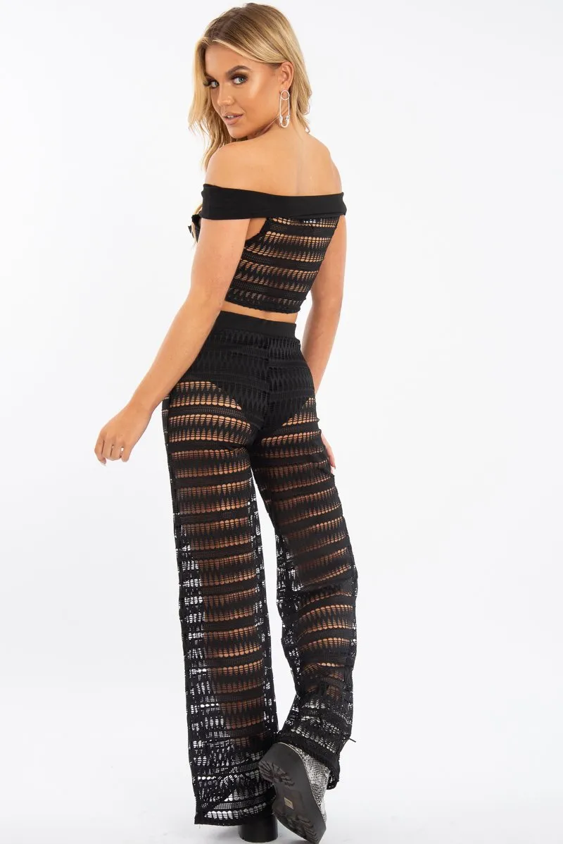 Black Crochet Bardot Top Trousers Co-ord - Ulla