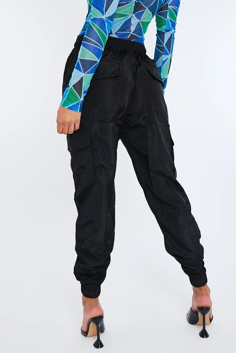 Black Cuffed Hem Shell Cargo Joggers - Iris