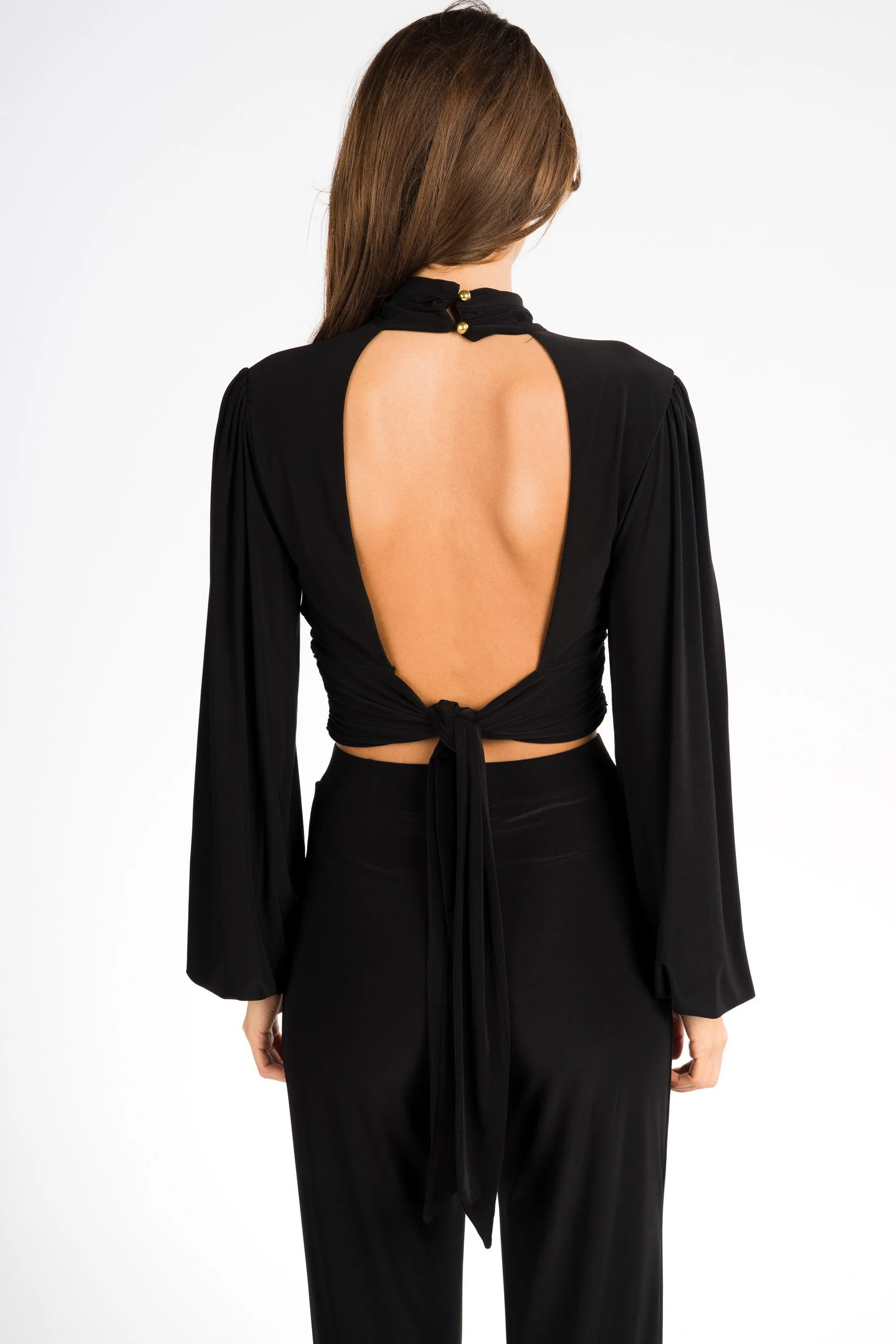 Black High Neck Tie Back Crop Top