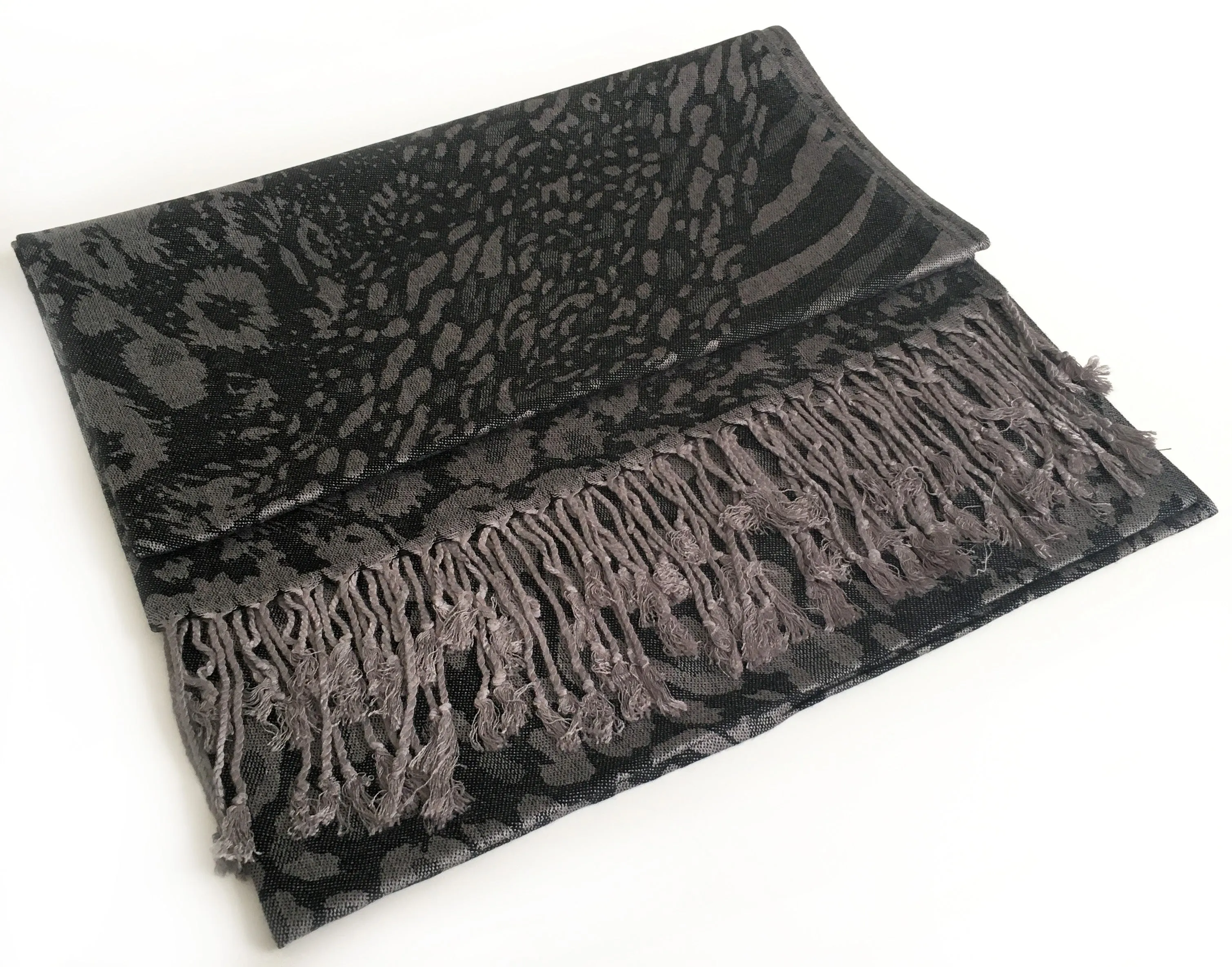 BLACK LARGE LEOPARD PRINT REVERSIBLE PASHMINA SHAWL SCARF