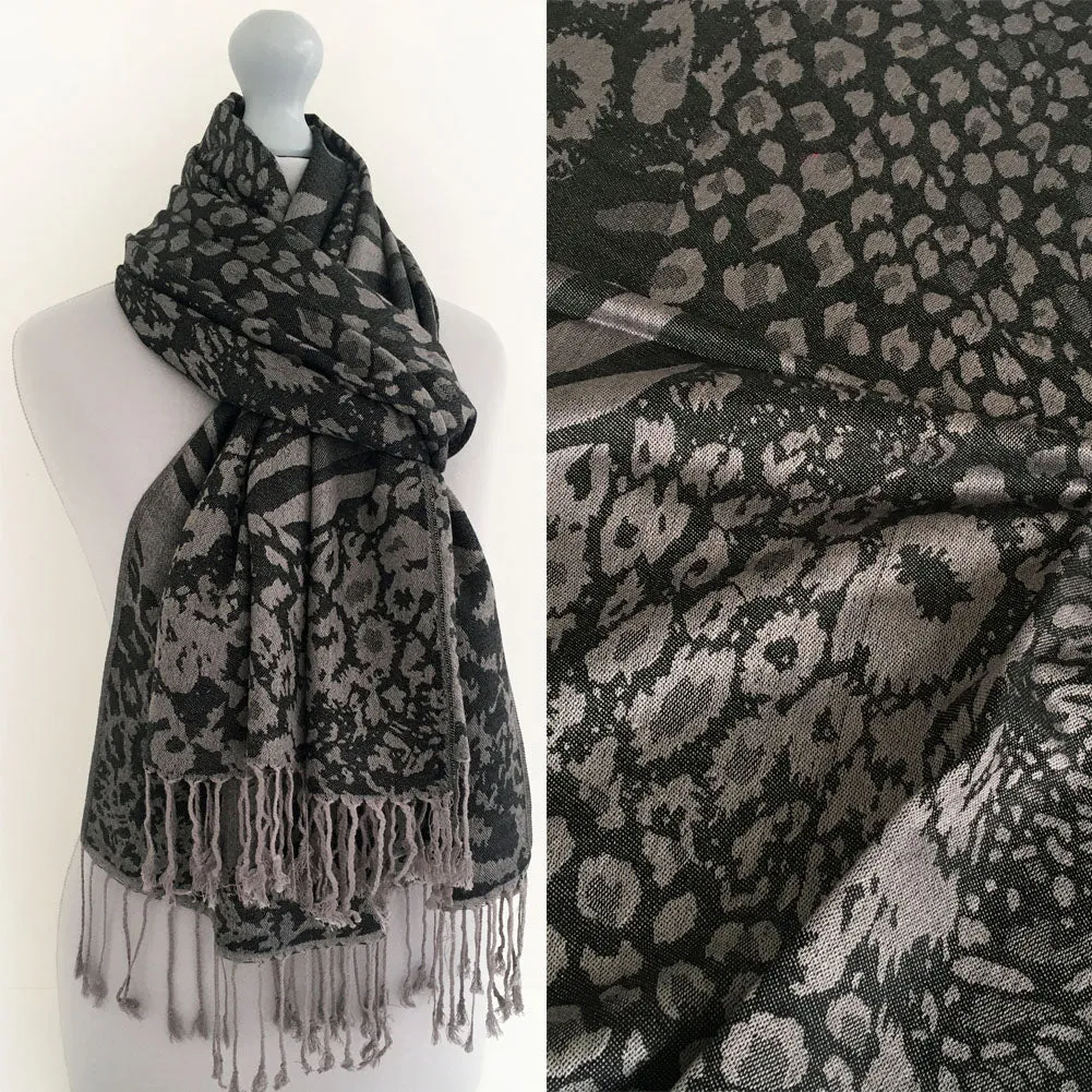 BLACK LARGE LEOPARD PRINT REVERSIBLE PASHMINA SHAWL SCARF