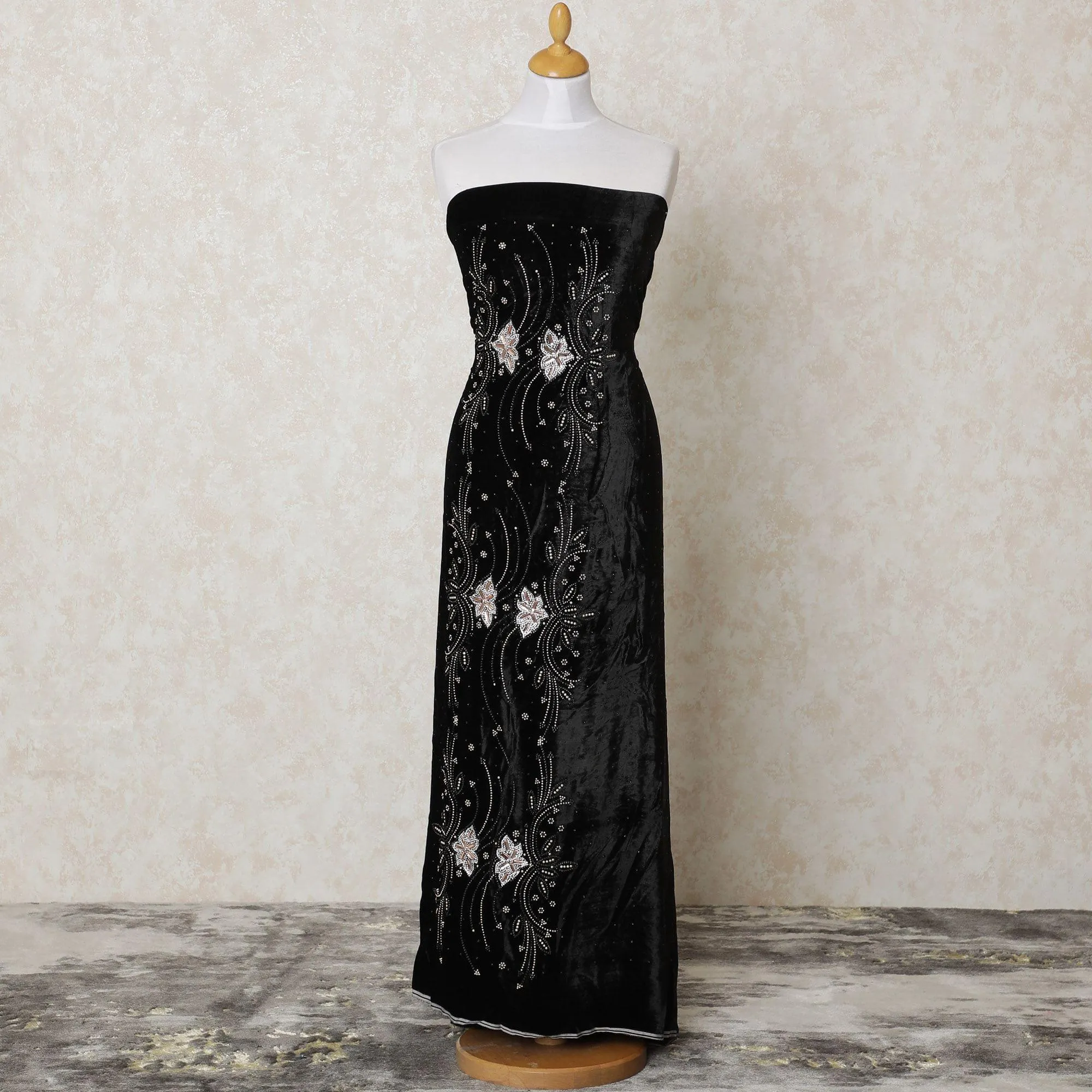 Black silk blended velvet fabric with cream bead work and stone work in fancy Design-D12003