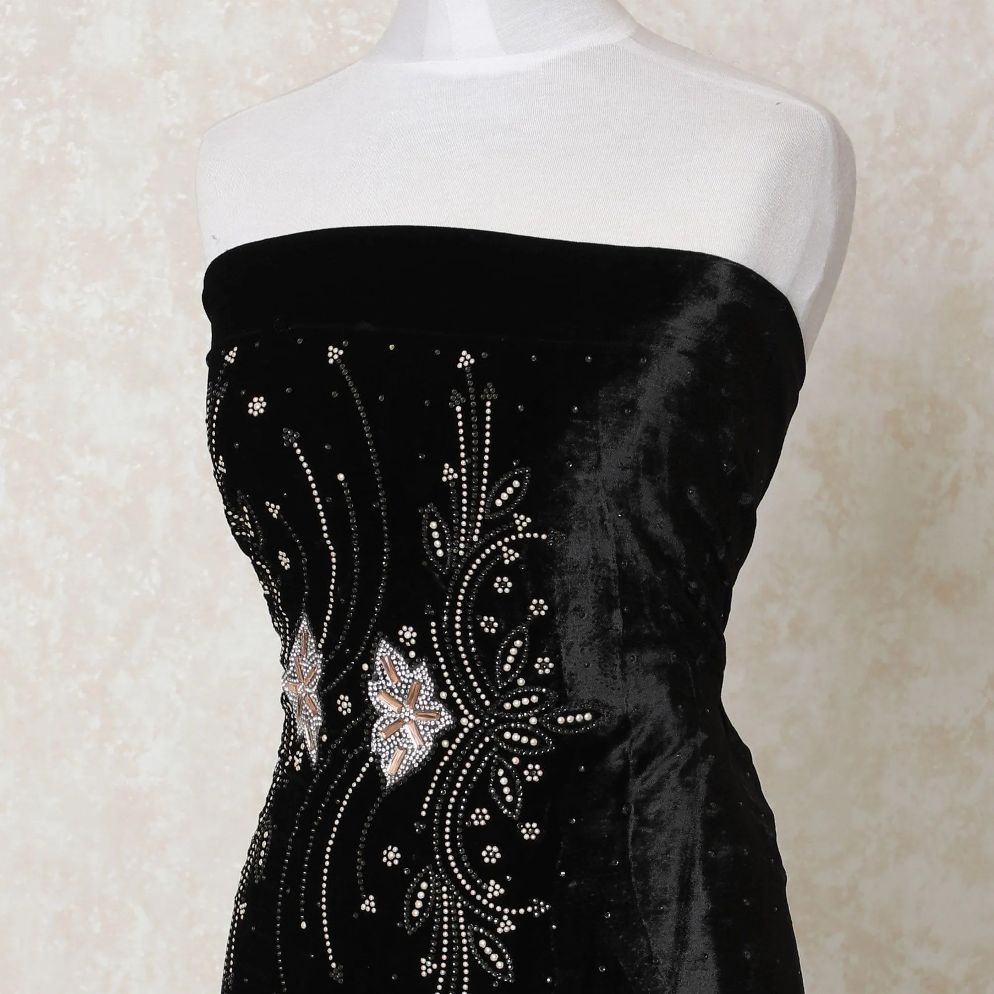 Black silk blended velvet fabric with cream bead work and stone work in fancy Design-D12003