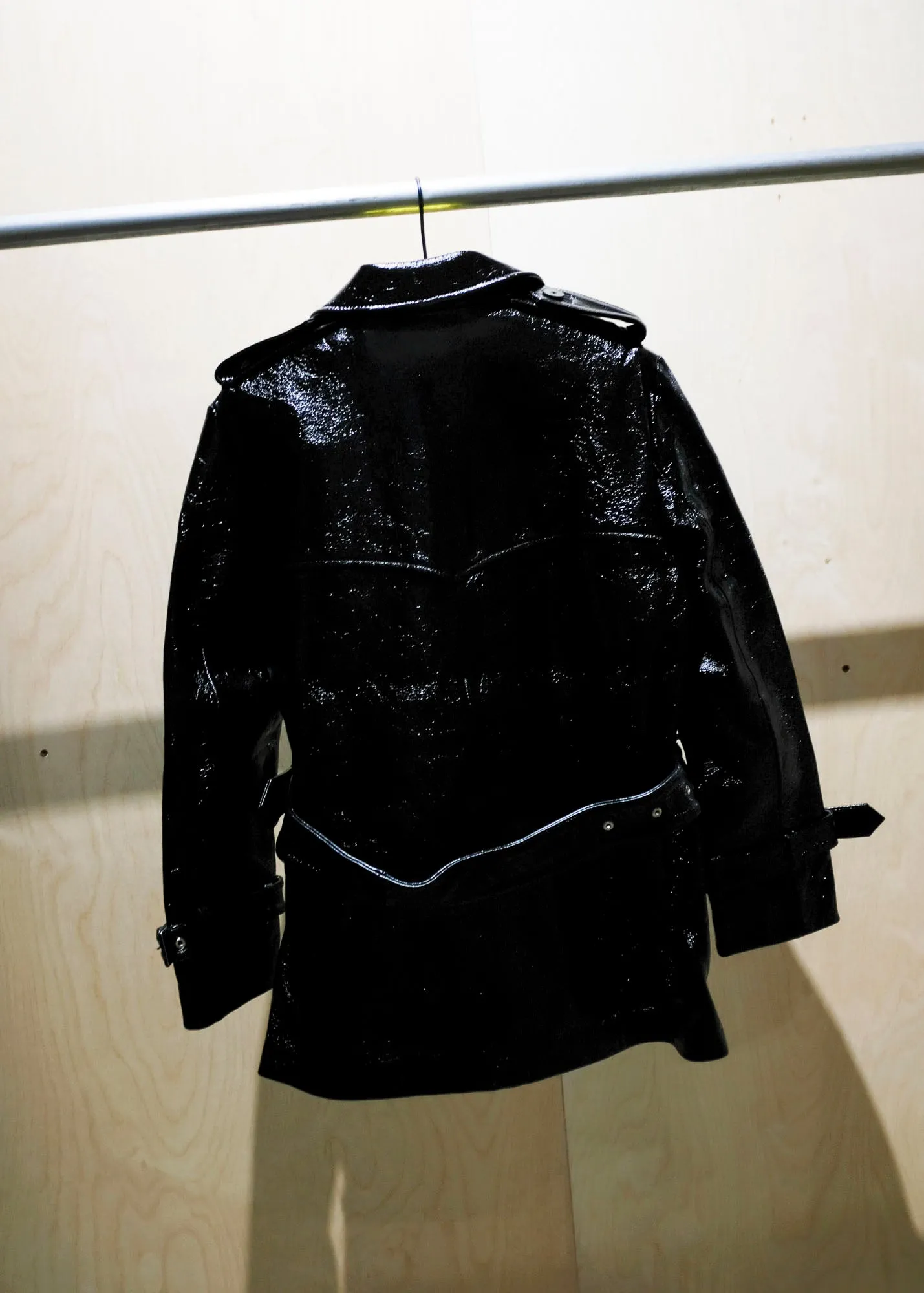 Black Trash Vinyl Leather Cropped Trench Coat