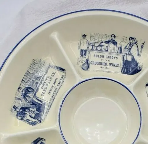 Blue & White Advertising English Ironstone 6 Section Hors d'oeuvre Appetizer Tray French Boots / Cheeses /  Butcher Counter Display