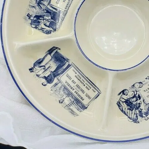 Blue & White Advertising English Ironstone 6 Section Hors d'oeuvre Appetizer Tray French Boots / Cheeses /  Butcher Counter Display