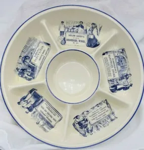 Blue & White Advertising English Ironstone 6 Section Hors d'oeuvre Appetizer Tray French Boots / Cheeses /  Butcher Counter Display