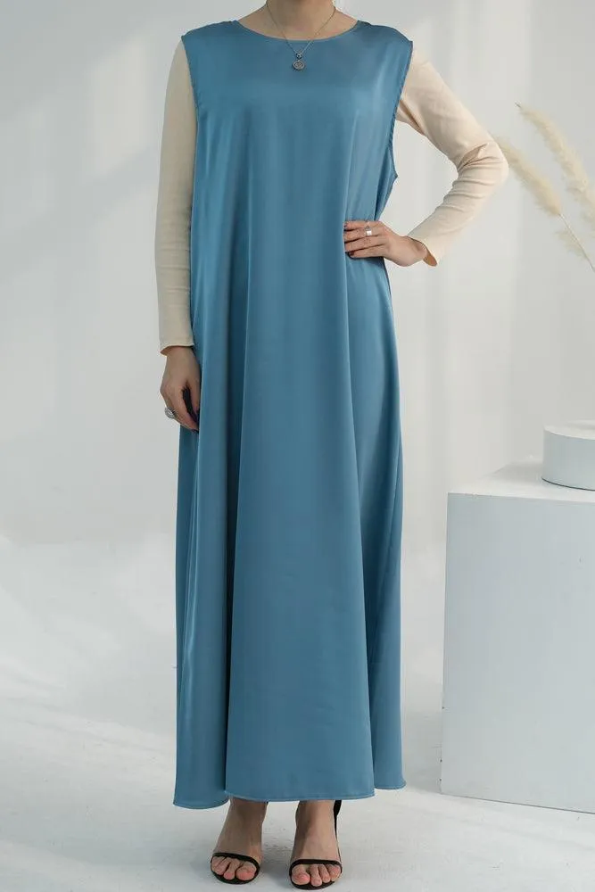 Blue Duniia slip dress maxi length sleeveless in satin fabric