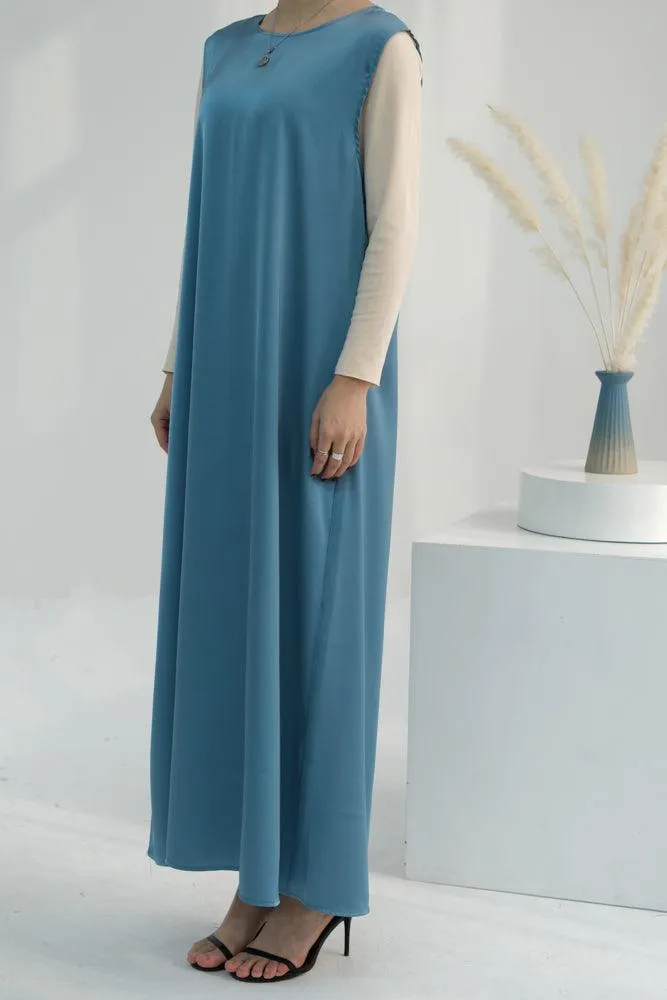 Blue Duniia slip dress maxi length sleeveless in satin fabric