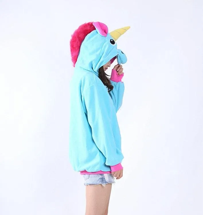 Blue Unicorn Cartoon Zip-up Hoodie Cosplay Costume Long Sleeves