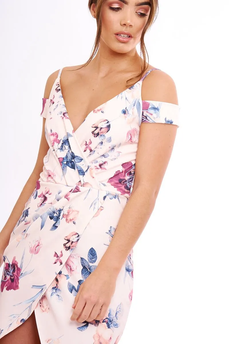 Blush Floral Cold Shoulder Wrap Midi Dress - Karoline