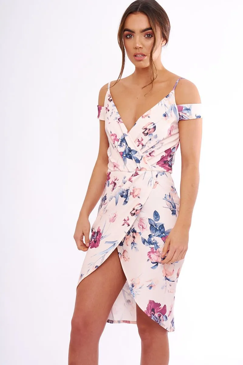 Blush Floral Cold Shoulder Wrap Midi Dress - Karoline