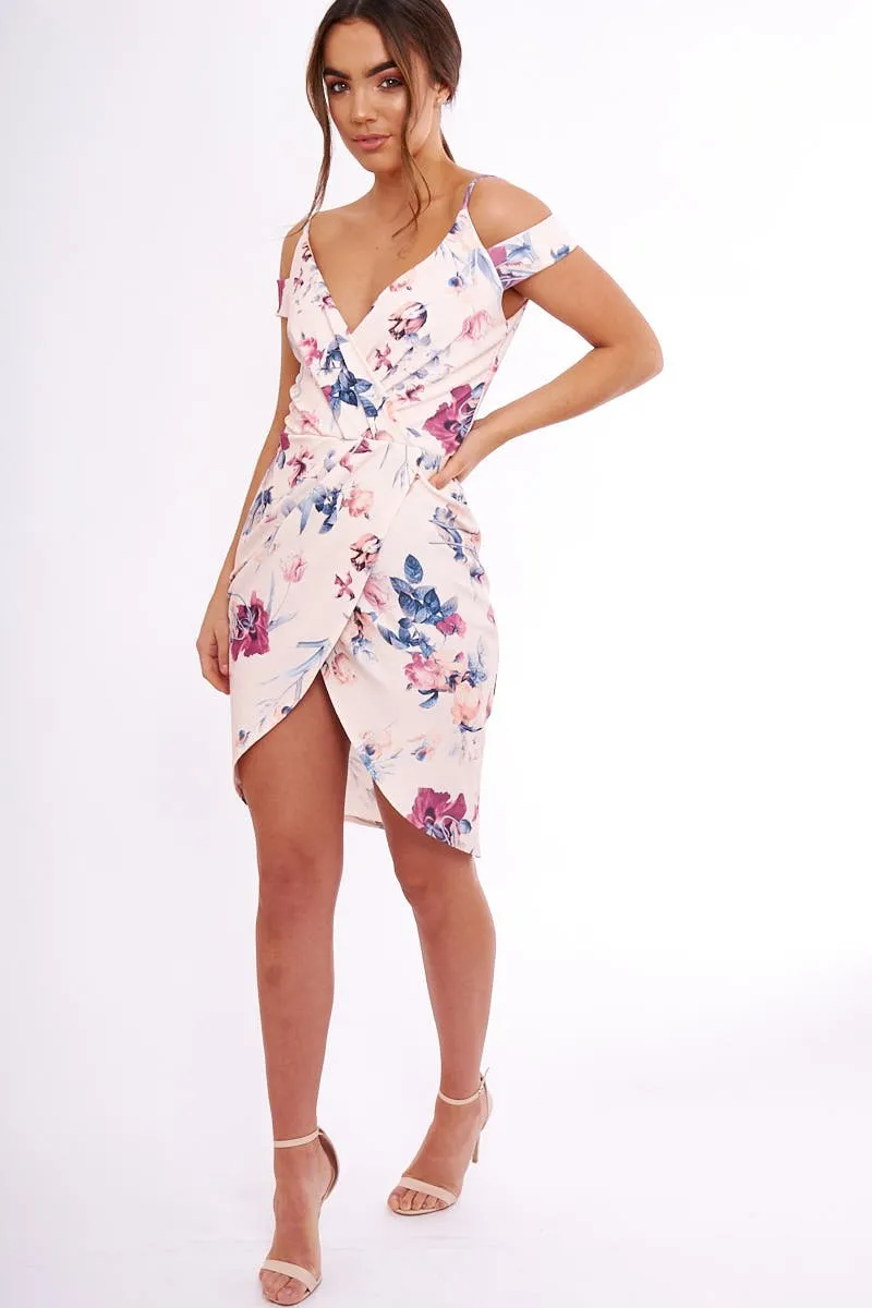 Blush Floral Cold Shoulder Wrap Midi Dress - Karoline