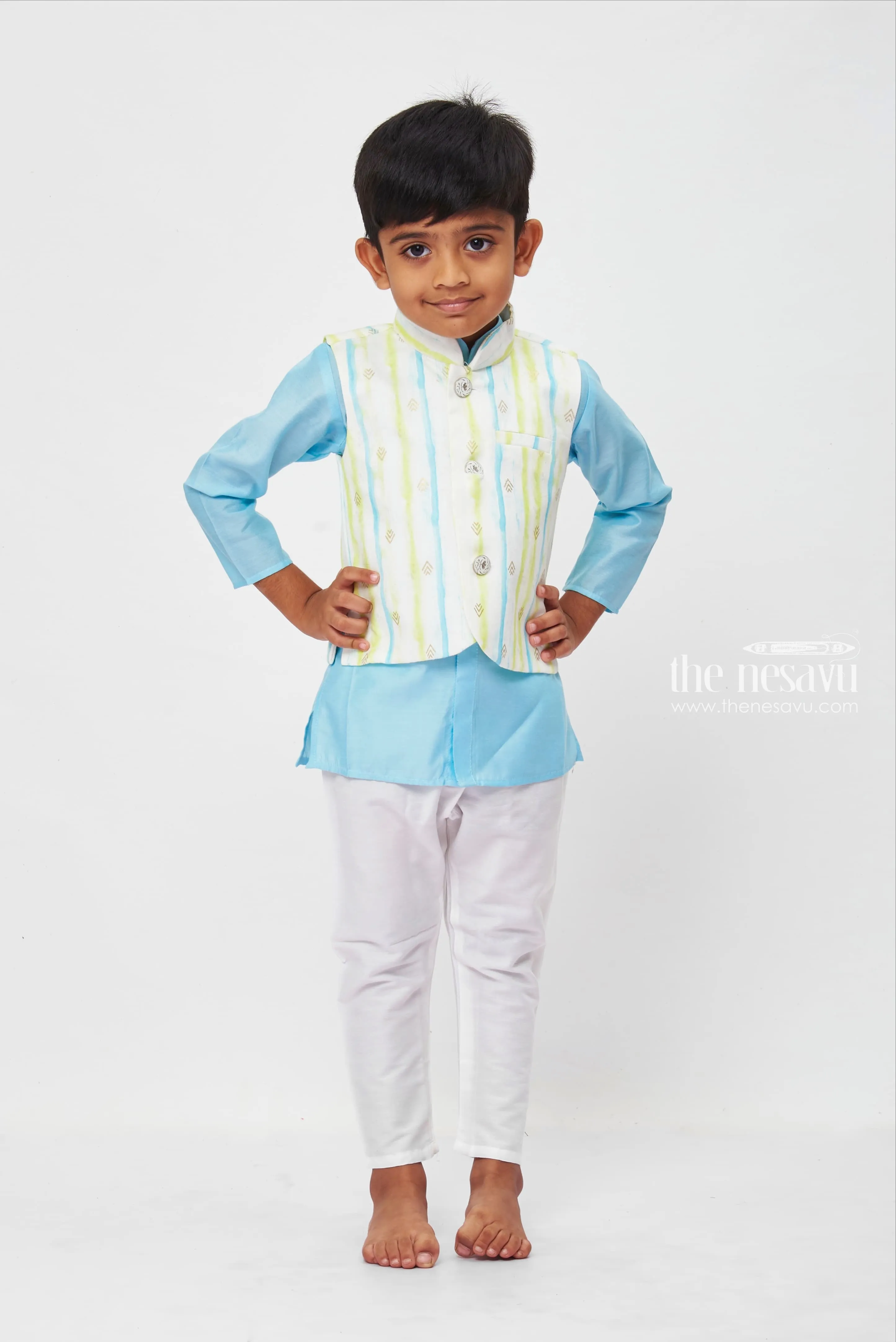 Boys Refreshing Sky Blue and White Ethnic Kurta Set with Pastel Accents