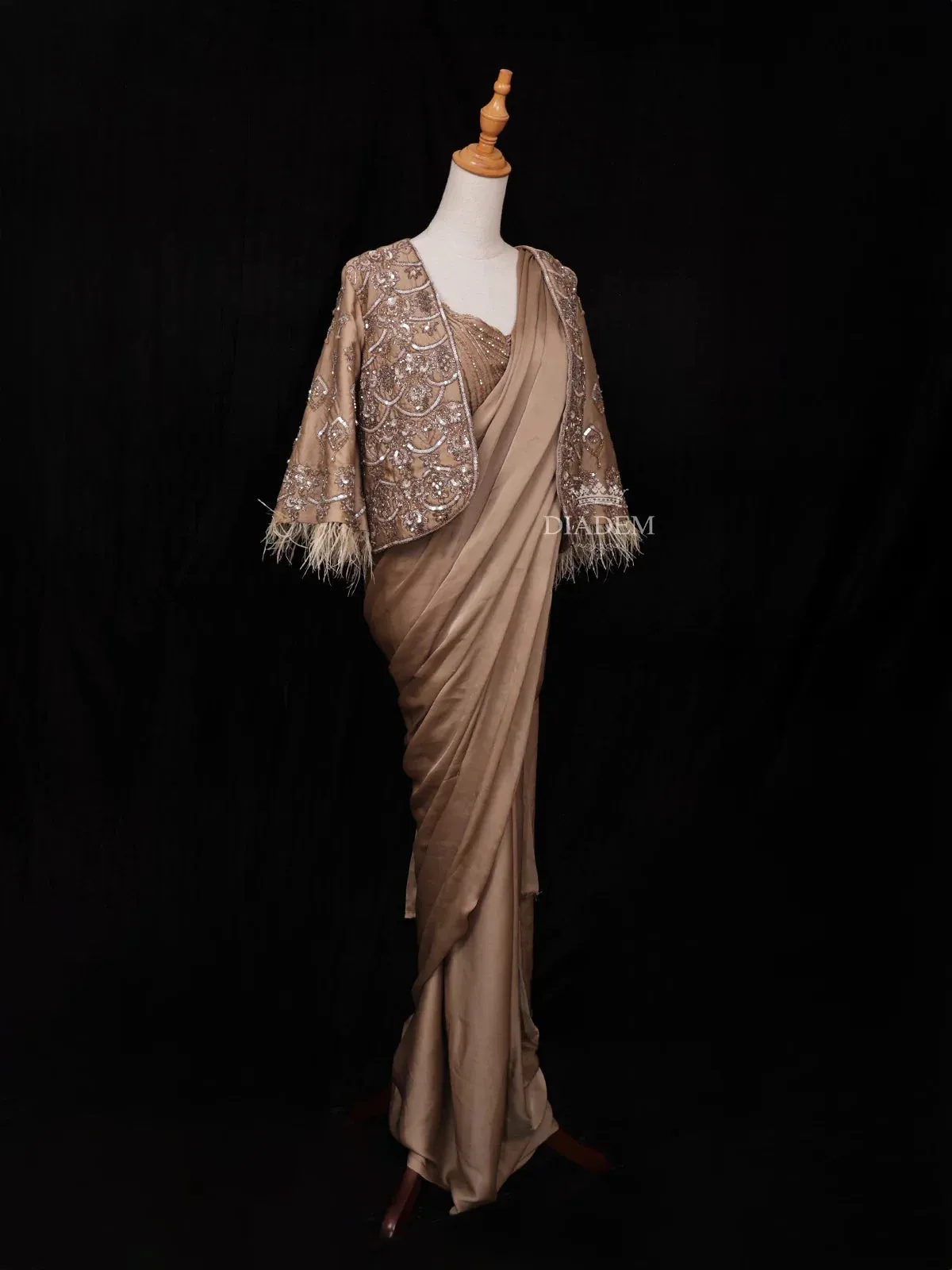 Brown Satin Ready to Wear Saree with Plain Body Paired with Designer Blouse and Overcoat