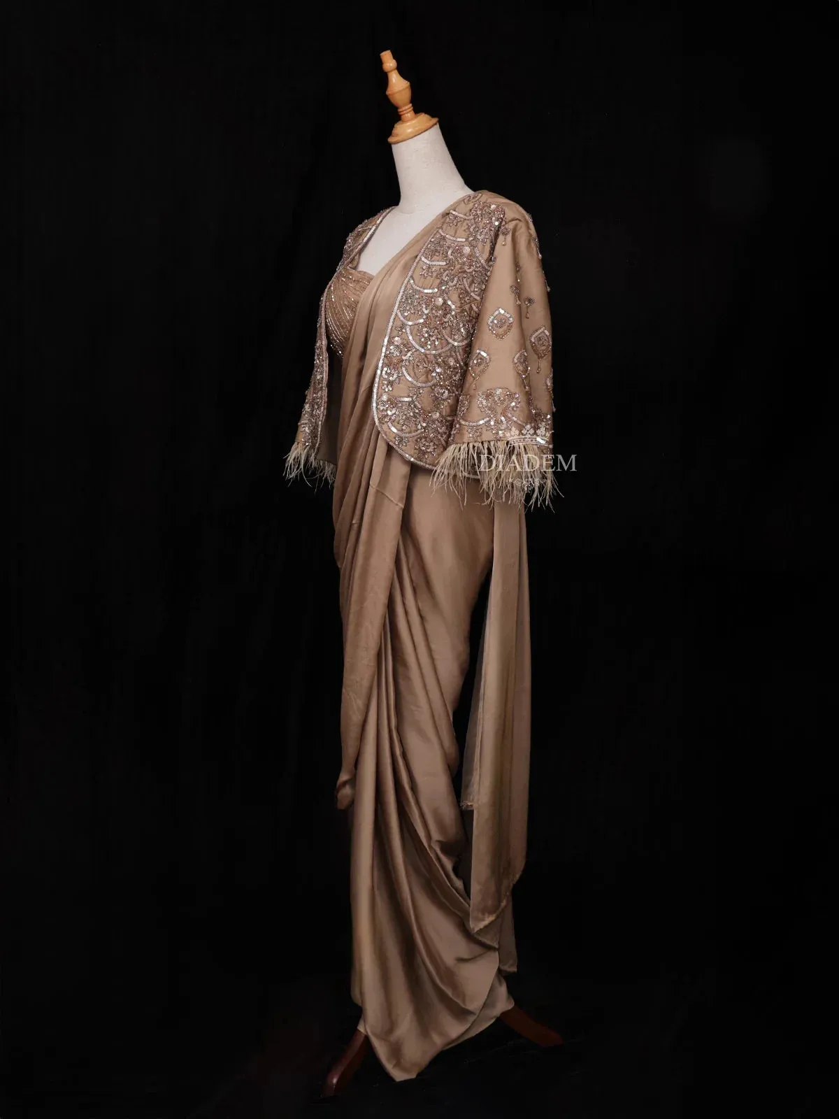 Brown Satin Ready to Wear Saree with Plain Body Paired with Designer Blouse and Overcoat