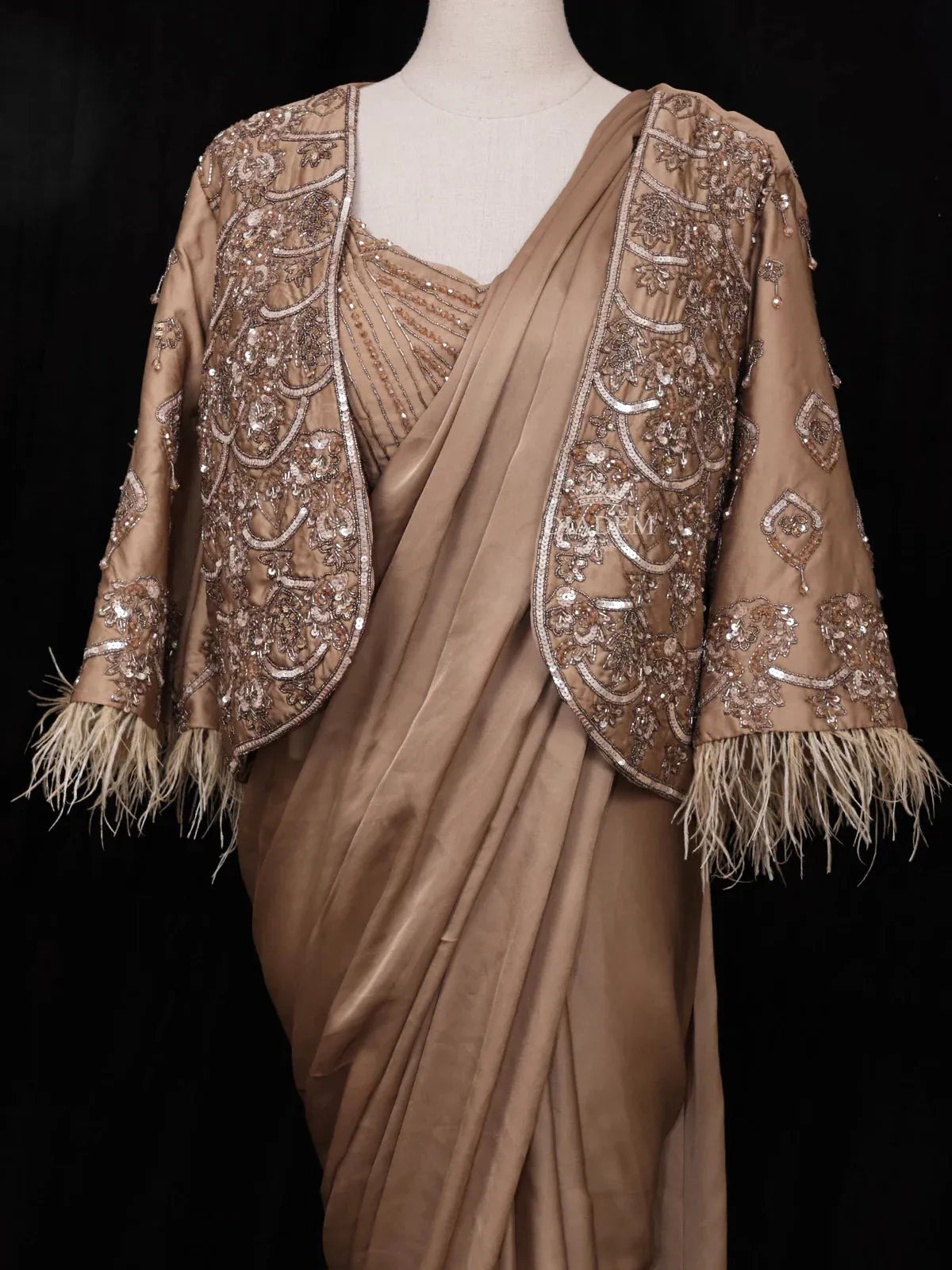 Brown Satin Ready to Wear Saree with Plain Body Paired with Designer Blouse and Overcoat