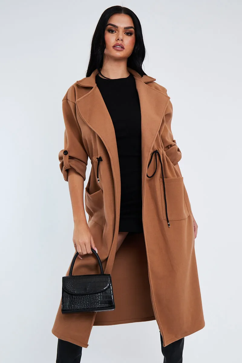 Camel Relaxed Tie Waist Trench Coat - Mayva