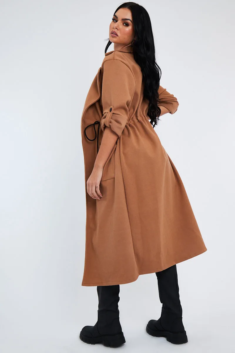 Camel Relaxed Tie Waist Trench Coat - Mayva