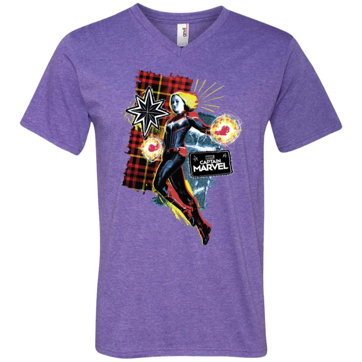 Captain Marvel Plaid Jean Patched Portrait Men V-Neck T-Shirt