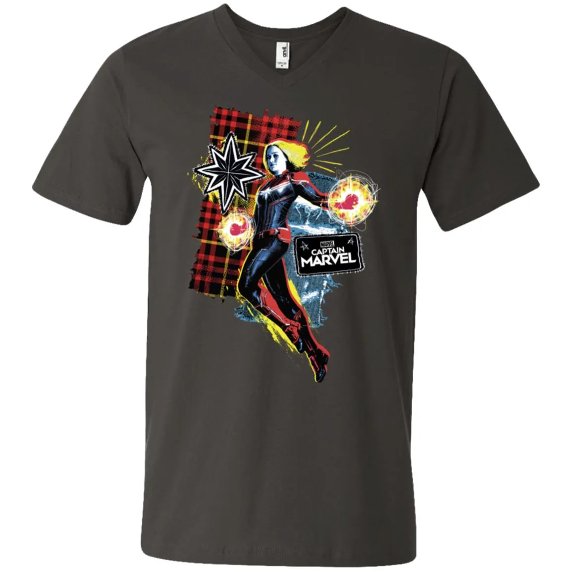 Captain Marvel Plaid Jean Patched Portrait Men V-Neck T-Shirt