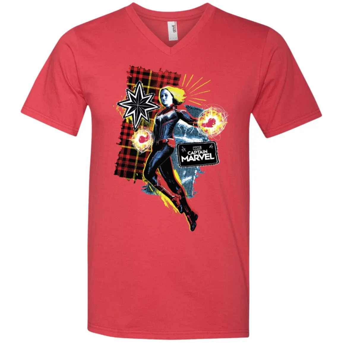 Captain Marvel Plaid Jean Patched Portrait Men V-Neck T-Shirt