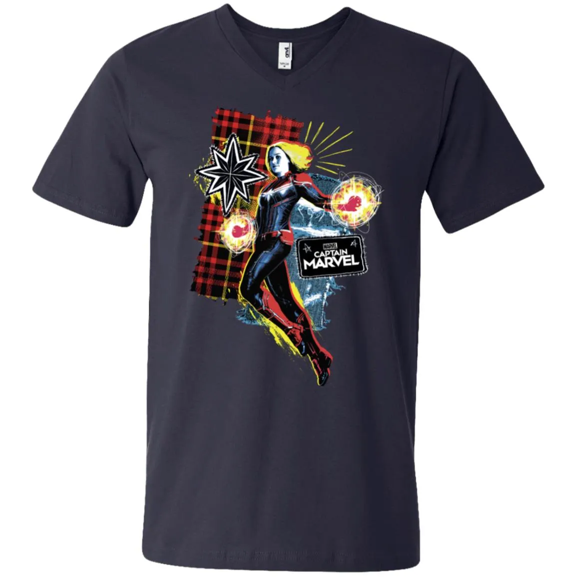 Captain Marvel Plaid Jean Patched Portrait Men V-Neck T-Shirt