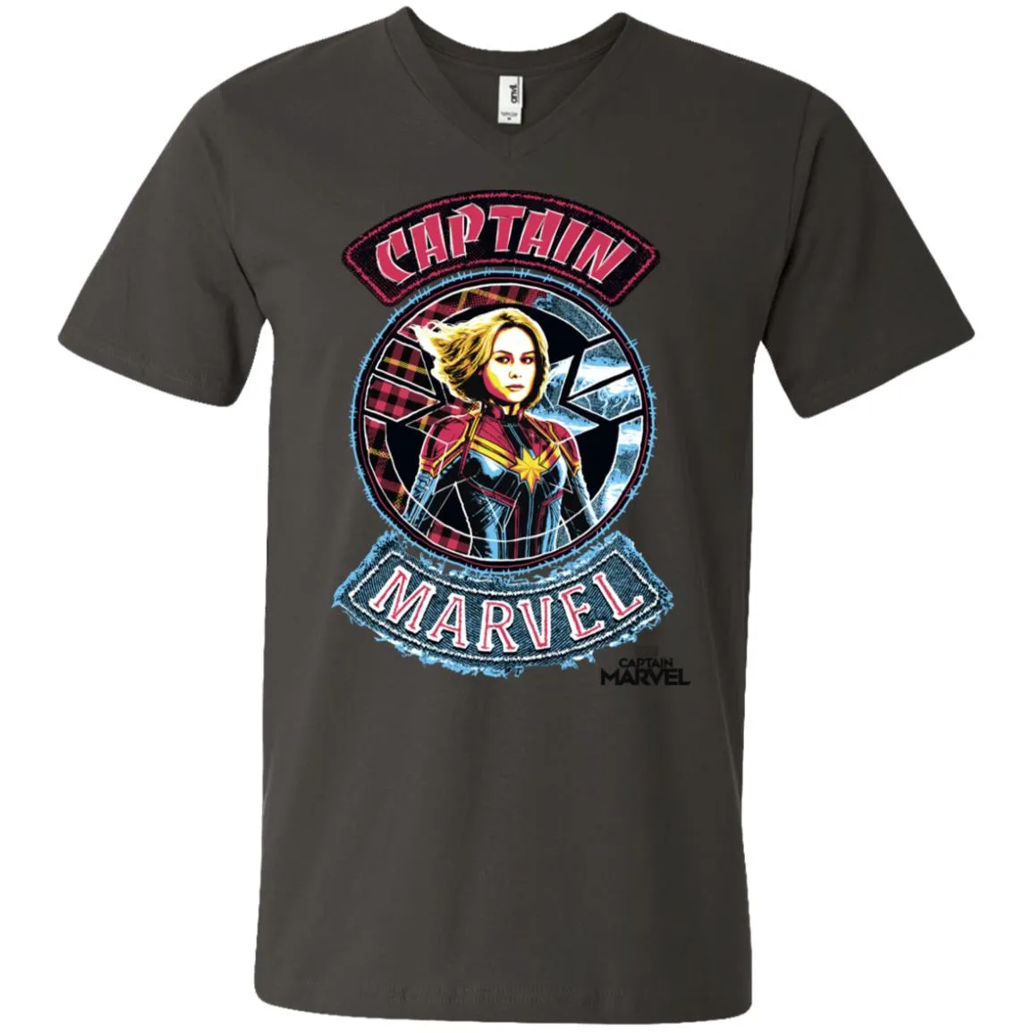 Captain Marvel Stitched Patched Portrait Men V-Neck T-Shirt