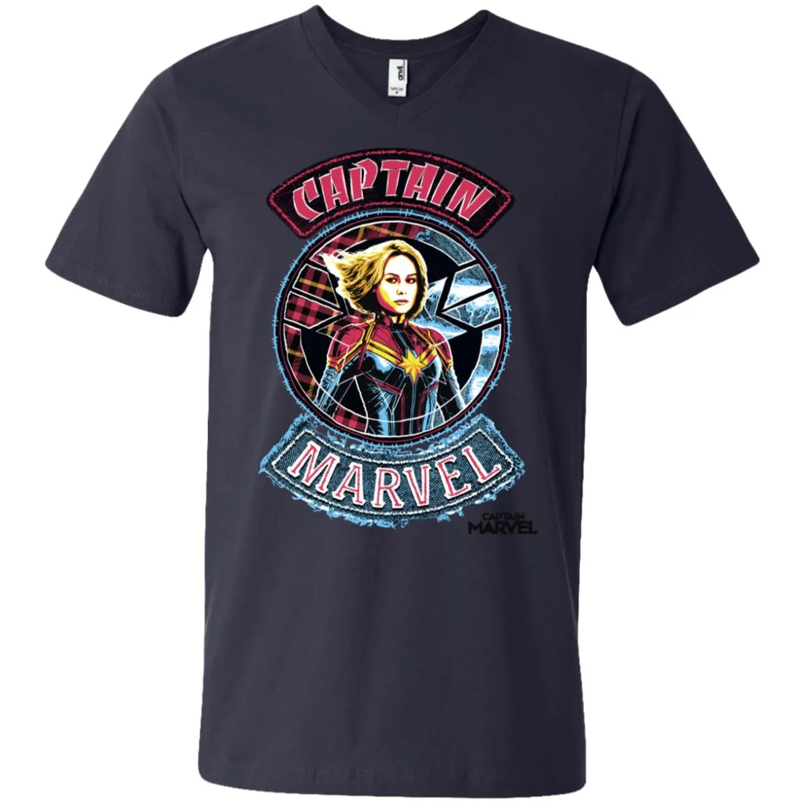 Captain Marvel Stitched Patched Portrait Men V-Neck T-Shirt