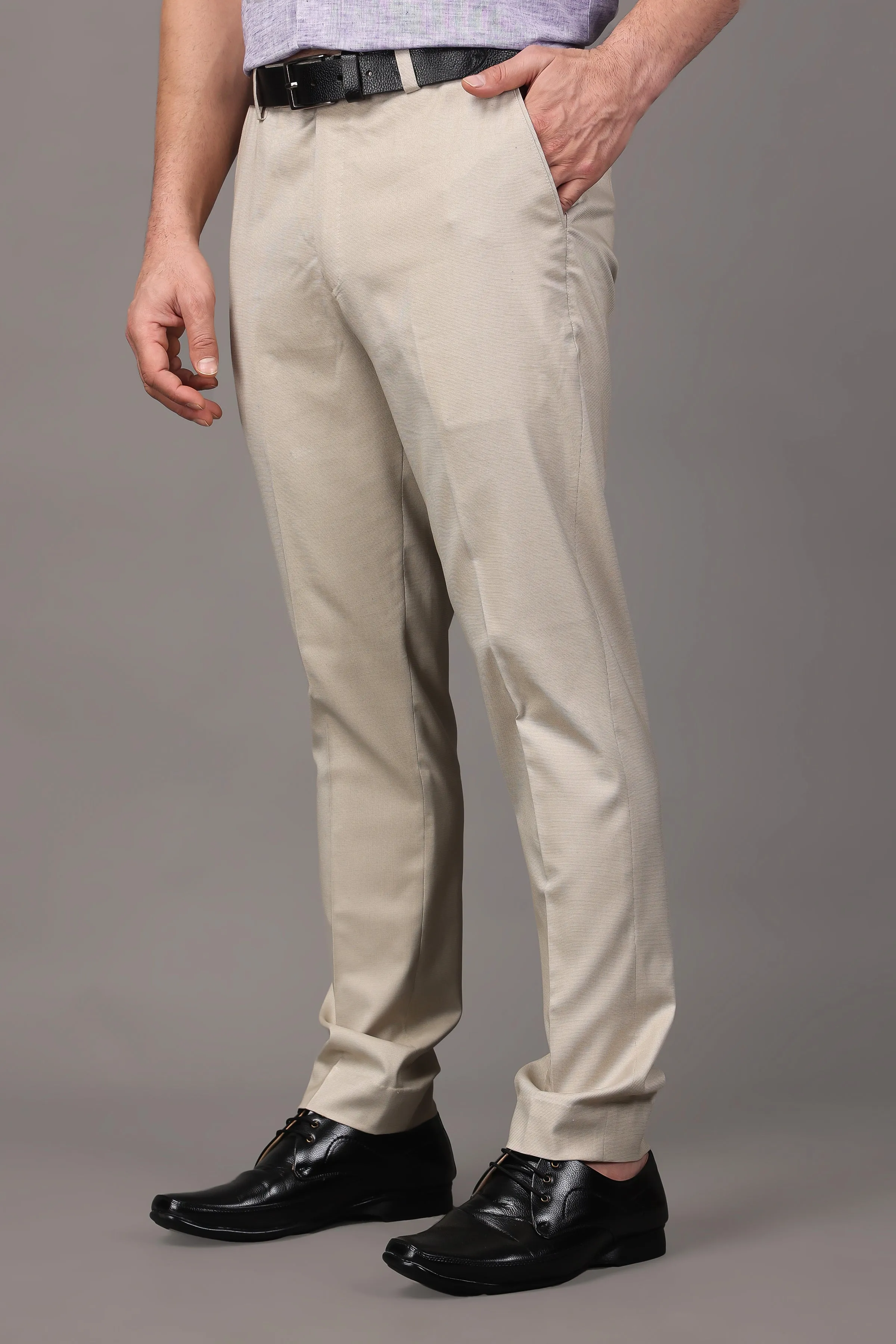 Caramel Beige Textured Stretch Trousers