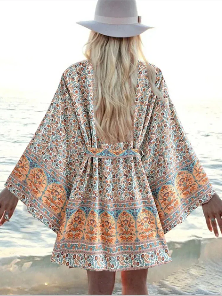 Charlie's Boho Floral Print Short Kimono Robe