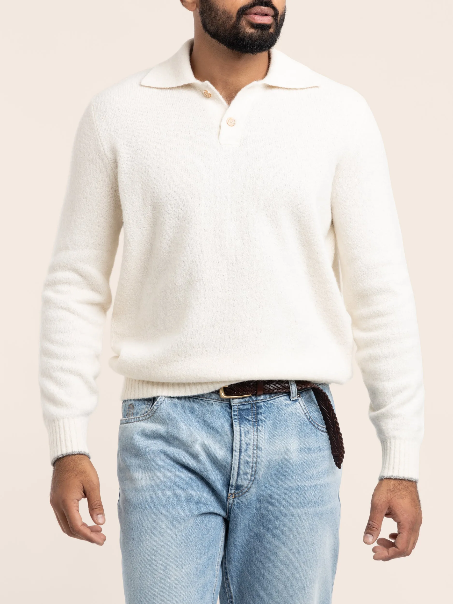 Cream Alpaca-Cotton-Wool Knit Polo