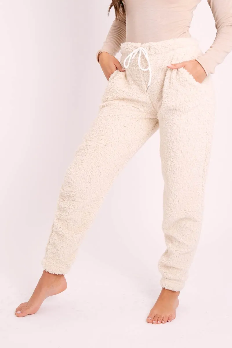 Cream Teddy Borg Joggers - Allyssa