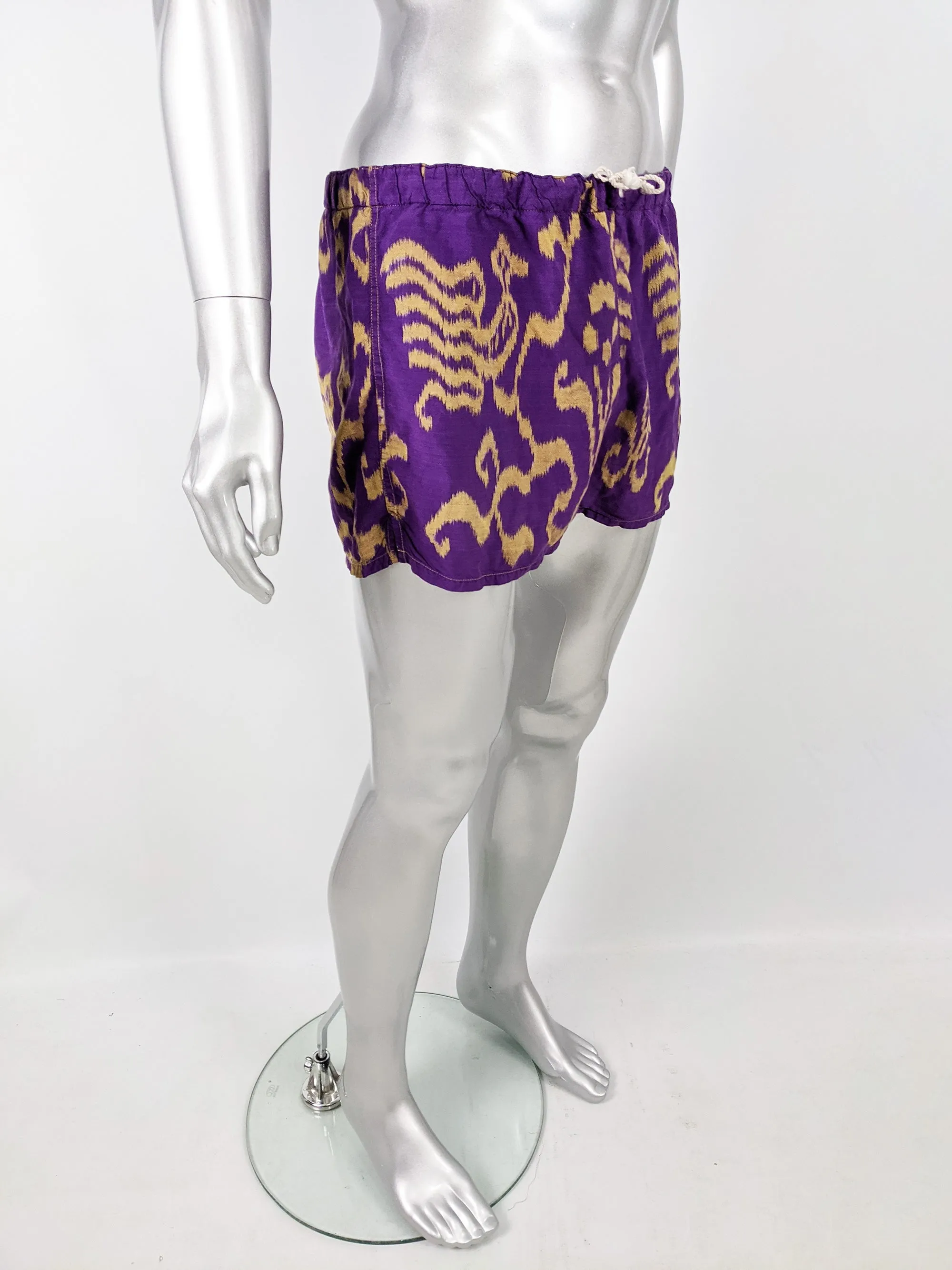 Crolla Vintage Mens Ikat Pattern Purple Cotton Swim Shorts, 1980s