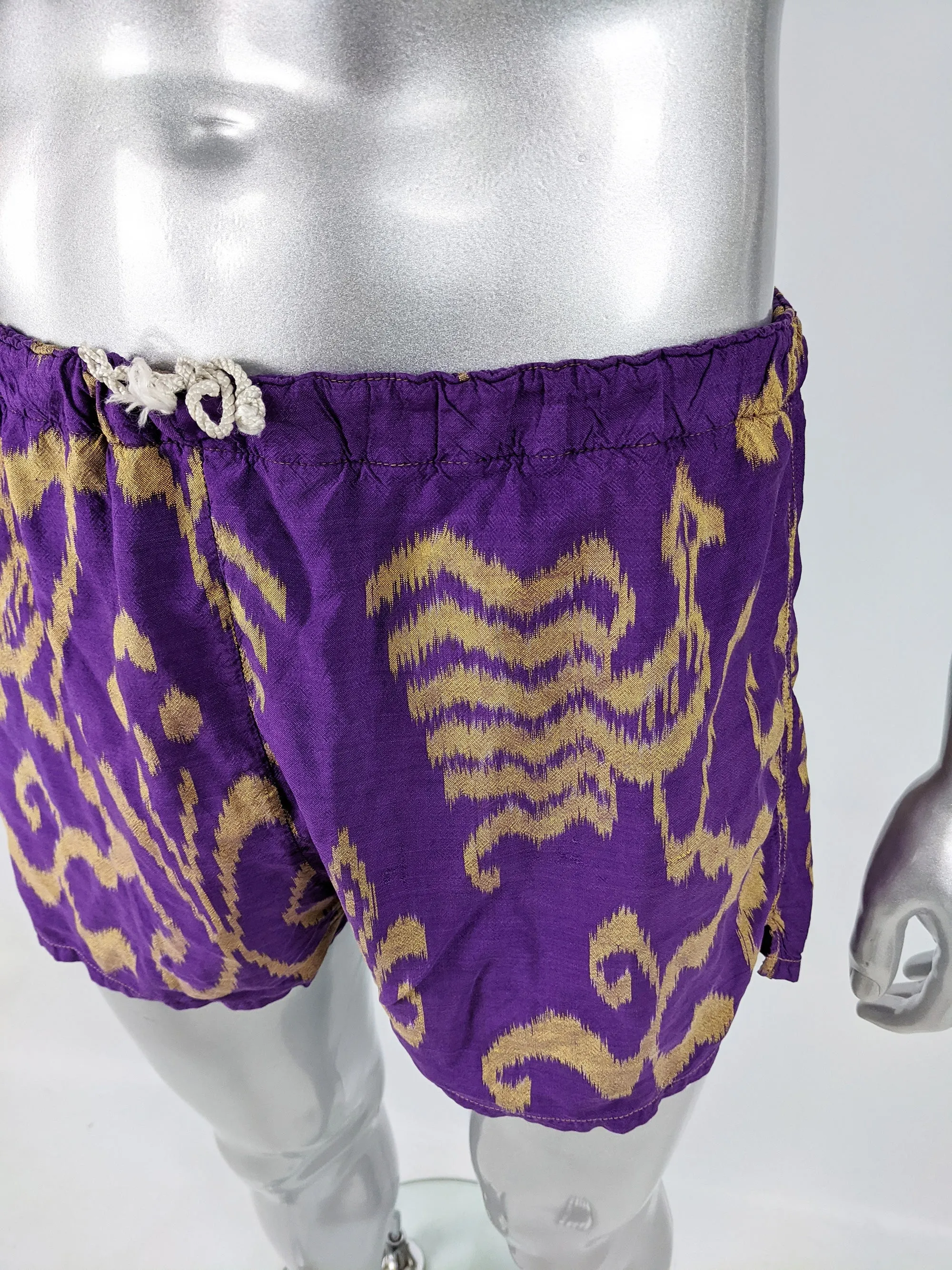 Crolla Vintage Mens Ikat Pattern Purple Cotton Swim Shorts, 1980s