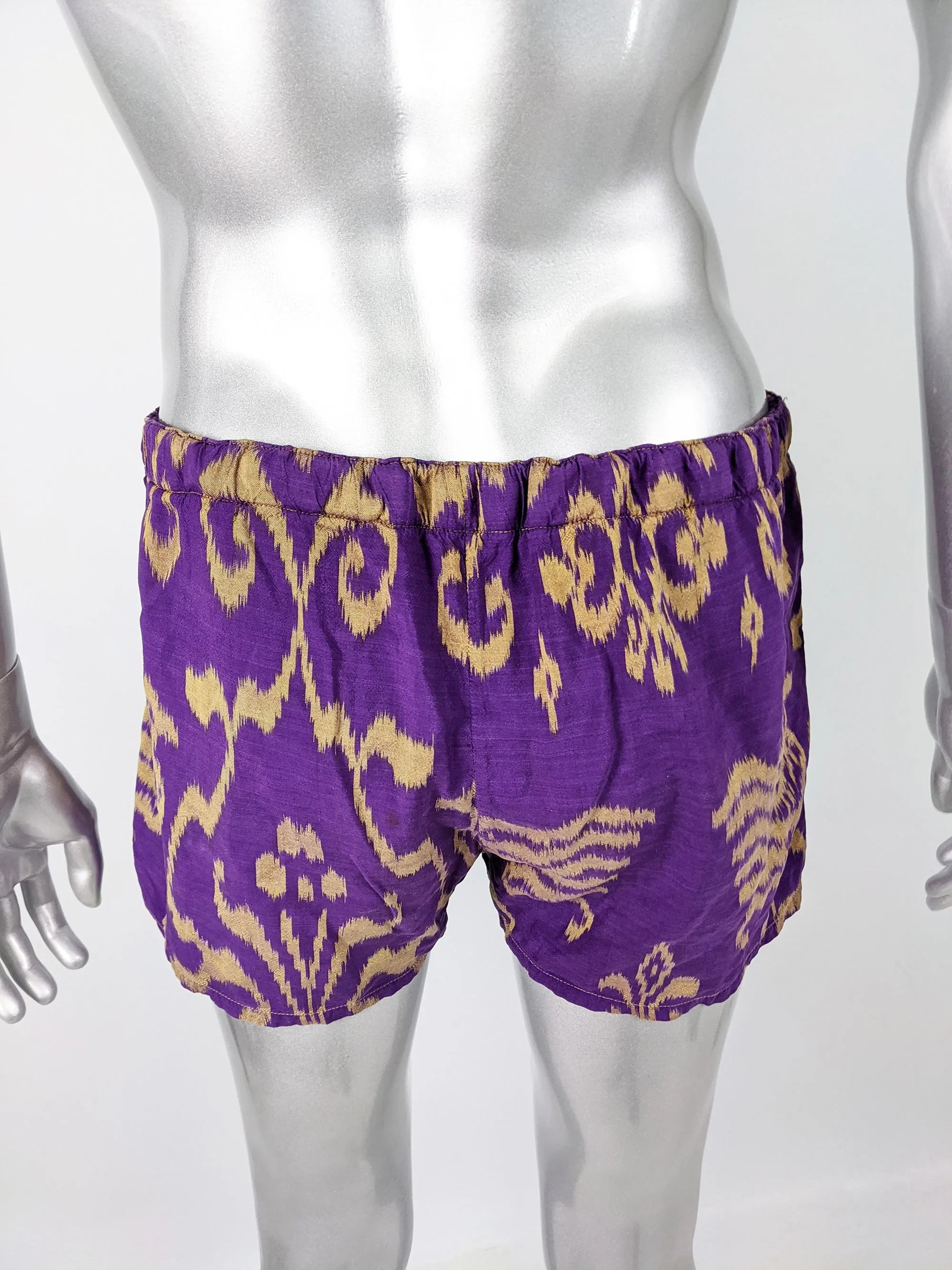 Crolla Vintage Mens Ikat Pattern Purple Cotton Swim Shorts, 1980s