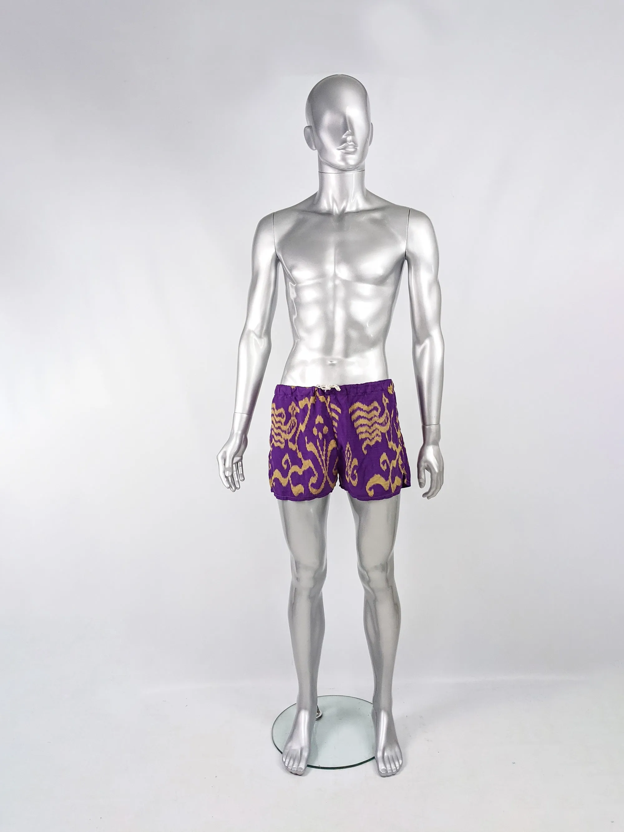 Crolla Vintage Mens Ikat Pattern Purple Cotton Swim Shorts, 1980s