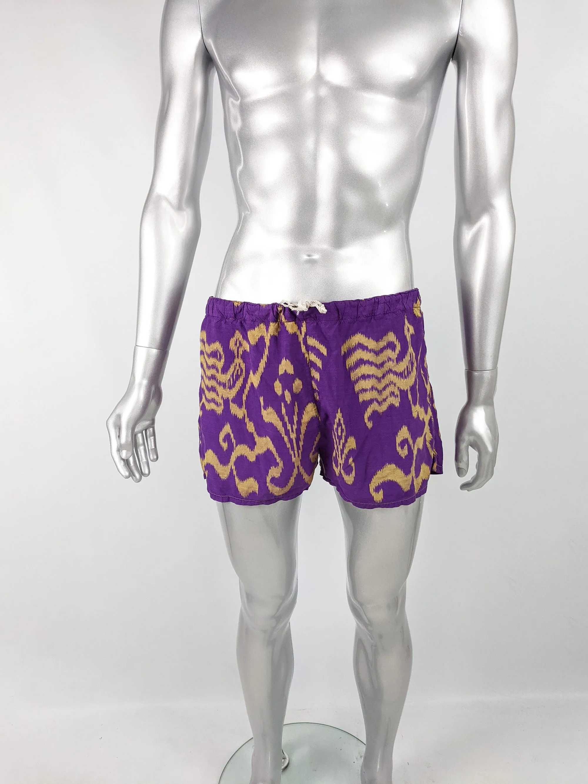 Crolla Vintage Mens Ikat Pattern Purple Cotton Swim Shorts, 1980s