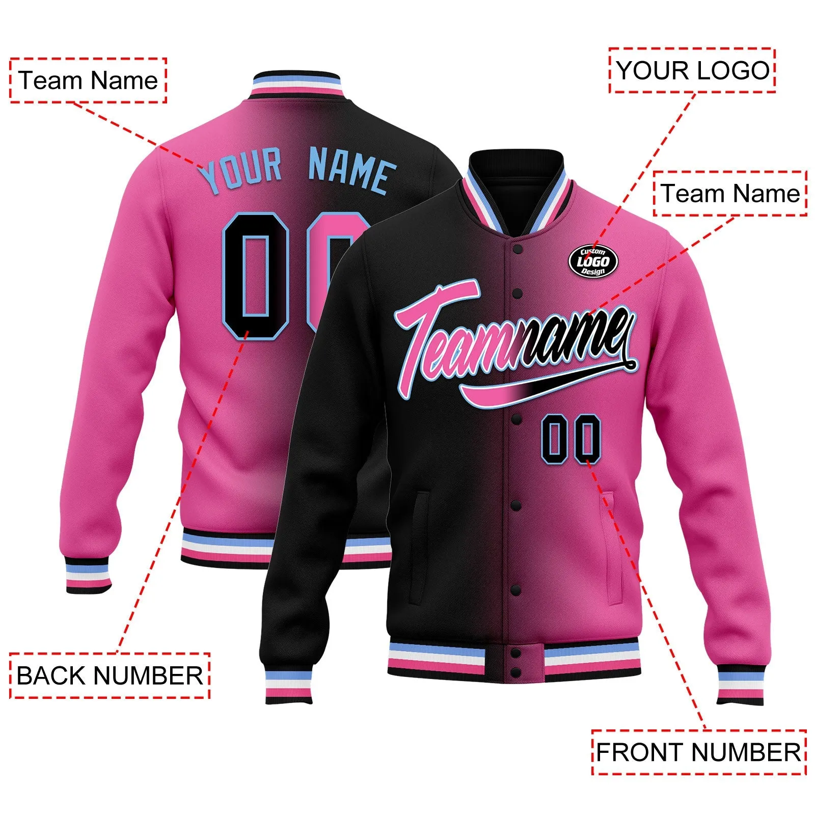 Custom Gradient Fashion Jacket Bomber Full-Snap Varsity Letterman Personalized Jacket FZ005-D028016-20