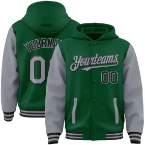 Custom Kelly Green Gray-Black Bomber Full-Snap Varsity Letterman Two Tone Hoodie Jacket