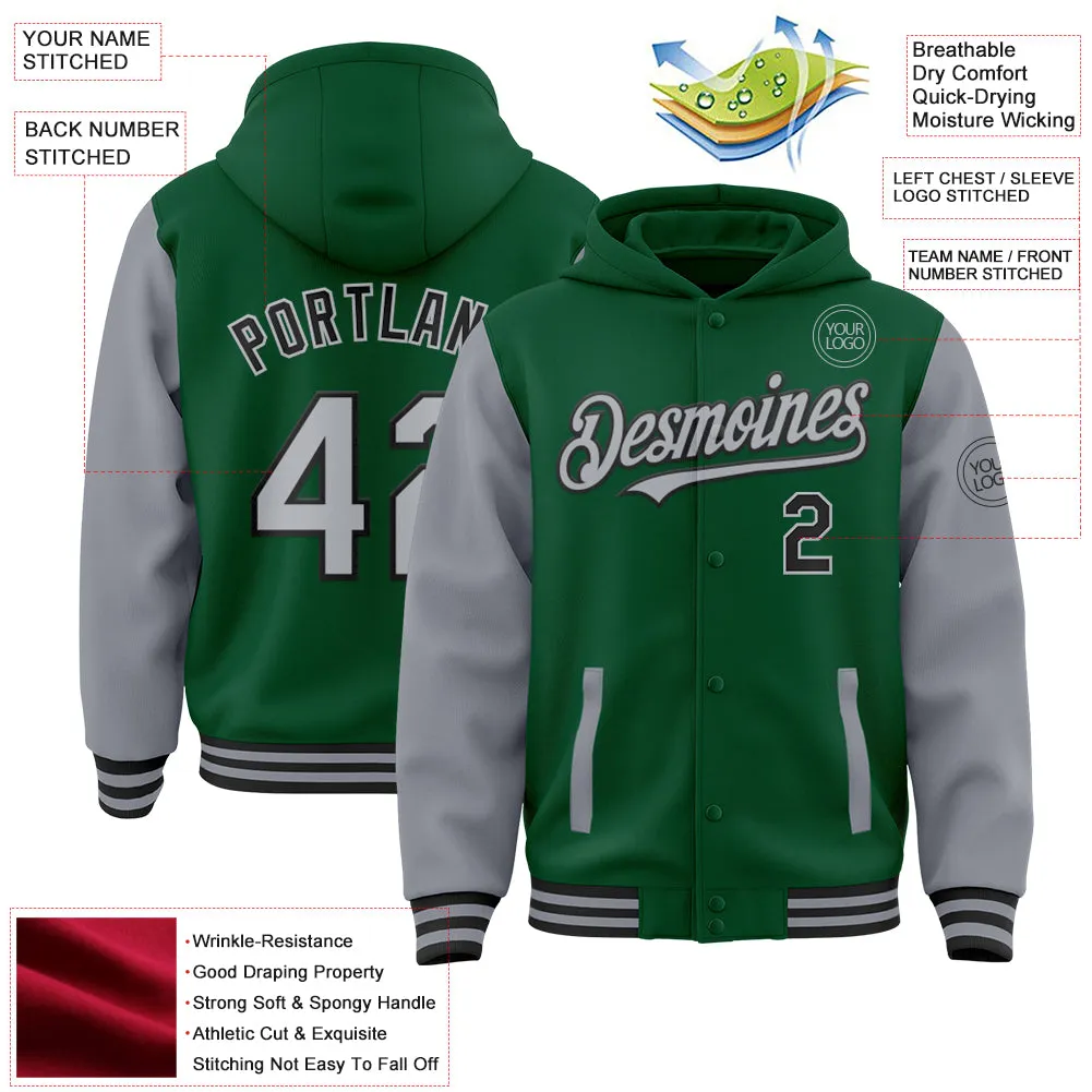 Custom Kelly Green Gray-Black Bomber Full-Snap Varsity Letterman Two Tone Hoodie Jacket